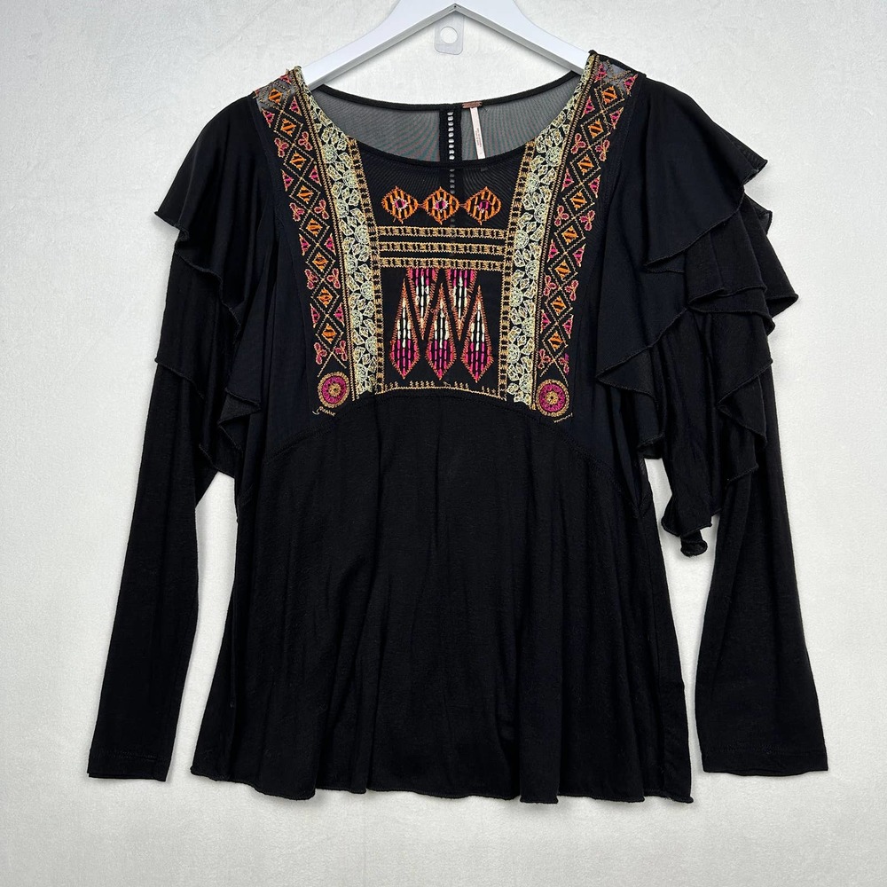 Free People XS Boho Embroidered Ruffle Shirt Black Blouse w/ Pink Orange Top
